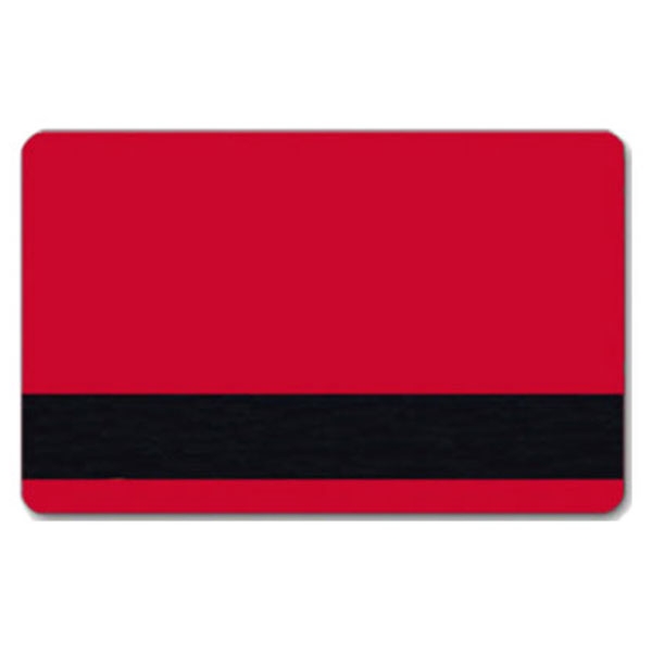 Rødt plastkort med blank overflade og LoCo magnetstribe.